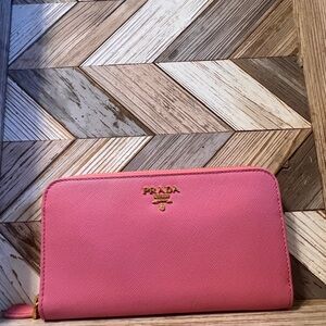 Prada Pink Saffiano Zip-Around Wallet with COA and Prada gift box